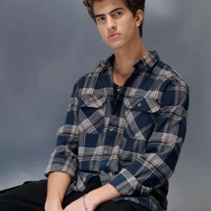 Men’s casual checkered pattern regualr fit shacket | Navy Blue