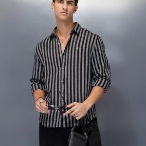 Men’s casual striped pattern shirt with texture | Black